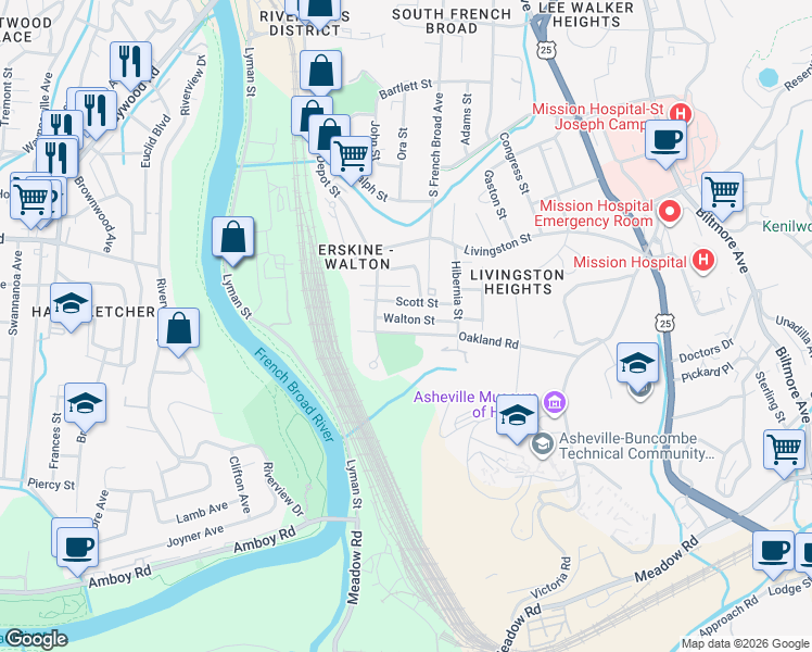 map of restaurants, bars, coffee shops, grocery stores, and more near 60 Walton Street in Asheville