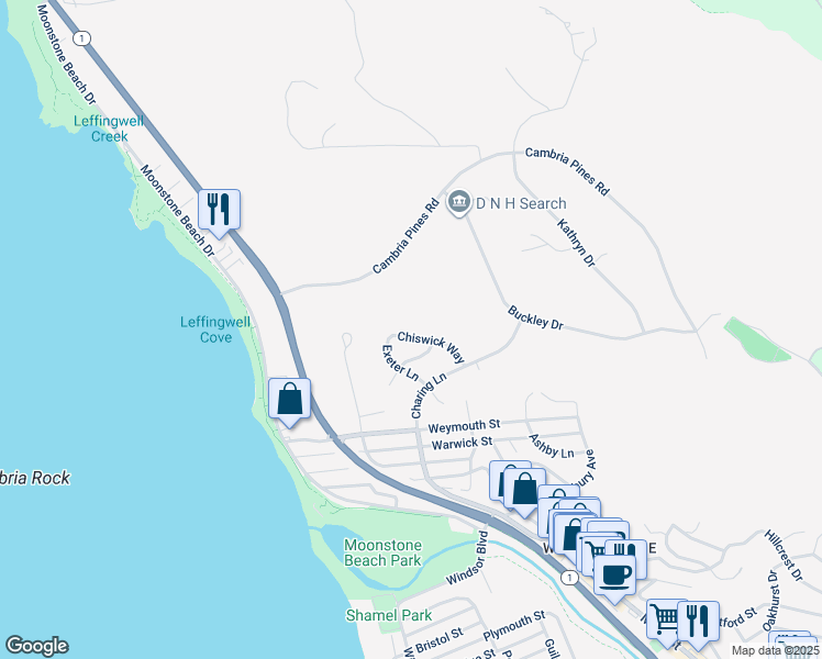 map of restaurants, bars, coffee shops, grocery stores, and more near 455 Chiswick Way in Cambria