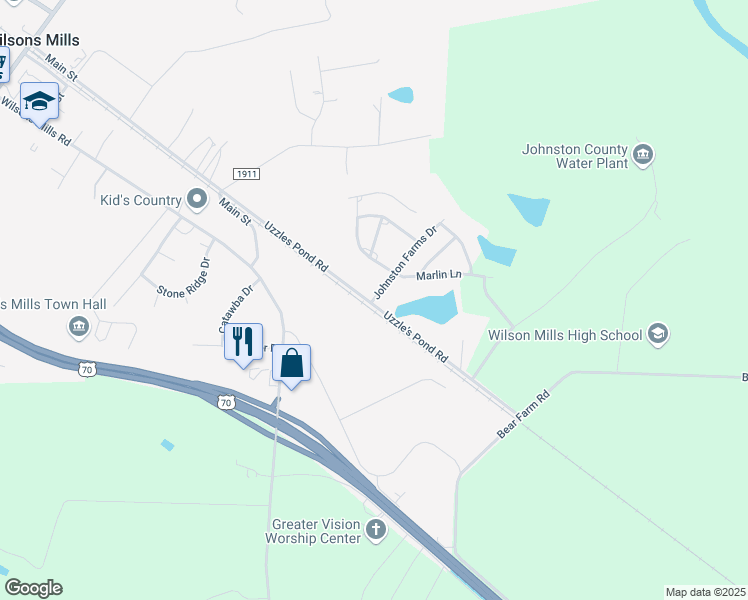 map of restaurants, bars, coffee shops, grocery stores, and more near 12 Johnston Farms Drive in Smithfield