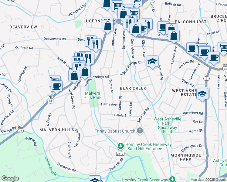 map of restaurants, bars, coffee shops, grocery stores, and more near 78 Trotter Place in Asheville