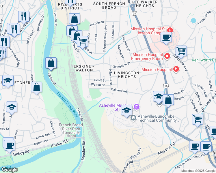 map of restaurants, bars, coffee shops, grocery stores, and more near 42 Walton Street in Asheville