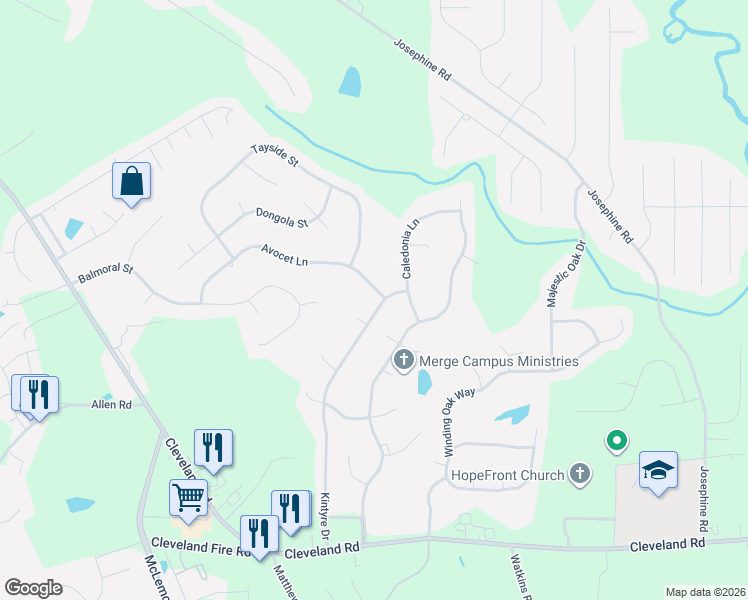 map of restaurants, bars, coffee shops, grocery stores, and more near 41 Avocet Lane in Clayton