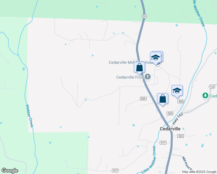 map of restaurants, bars, coffee shops, grocery stores, and more near 1238 Bewley Road in Cedarville