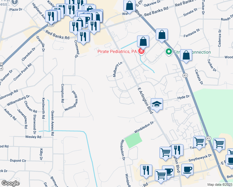 map of restaurants, bars, coffee shops, grocery stores, and more near 2816 Mulberry Lane in Greenville