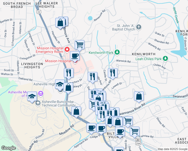 map of restaurants, bars, coffee shops, grocery stores, and more near 23 Unadilla Avenue in Asheville