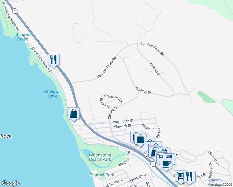 map of restaurants, bars, coffee shops, grocery stores, and more near 515 Chiswick Way in Cambria