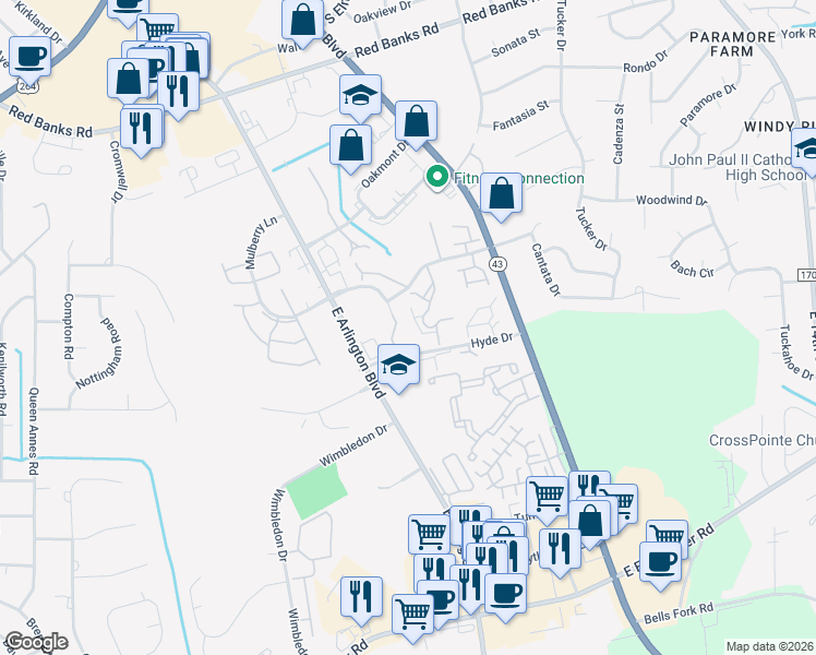 map of restaurants, bars, coffee shops, grocery stores, and more near 108 Breezewood Drive in Greenville