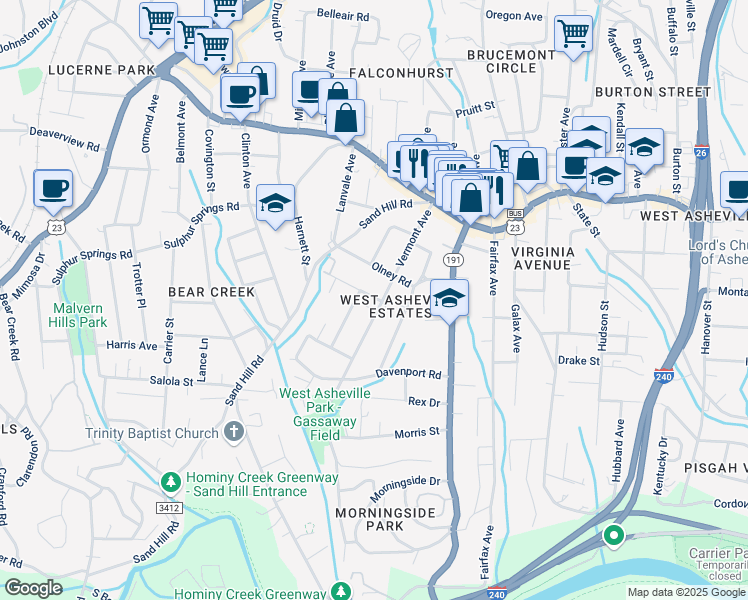 map of restaurants, bars, coffee shops, grocery stores, and more near 19 Russell Street in Asheville