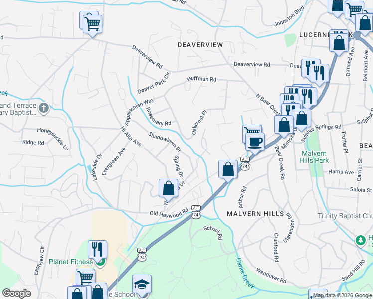 map of restaurants, bars, coffee shops, grocery stores, and more near 36 Oakcrest Place in Asheville
