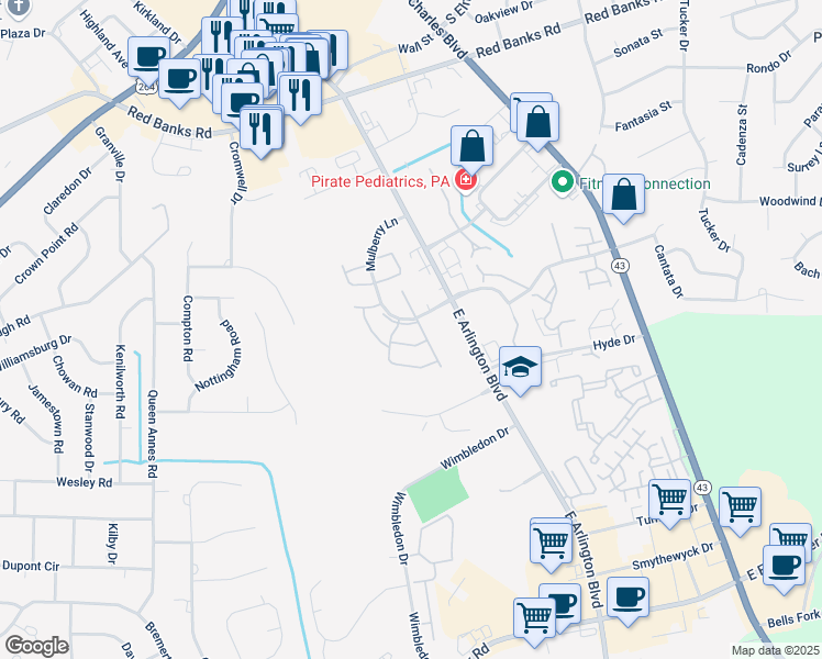 map of restaurants, bars, coffee shops, grocery stores, and more near 2906 Mulberry Lane in Greenville