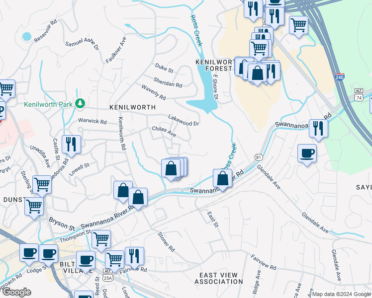 map of restaurants, bars, coffee shops, grocery stores, and more near 30 Westchester Drive in Asheville