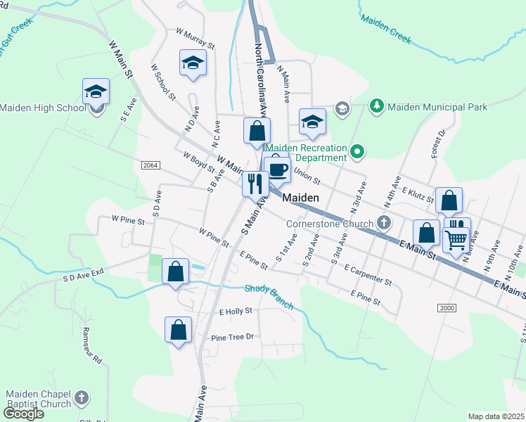 map of restaurants, bars, coffee shops, grocery stores, and more near 70 South Main Avenue in Maiden