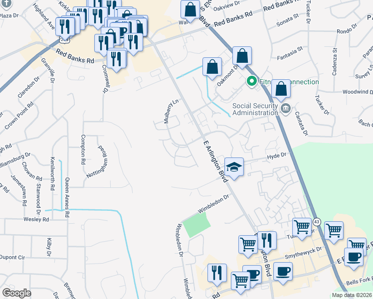 map of restaurants, bars, coffee shops, grocery stores, and more near 2906 Mulberry Lane in Greenville