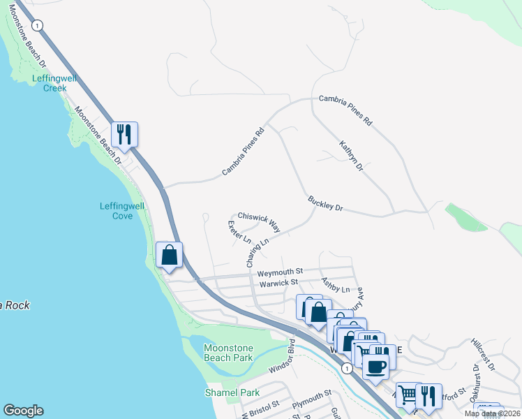 map of restaurants, bars, coffee shops, grocery stores, and more near 515 Chiswick Way in Cambria