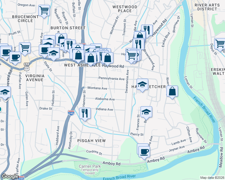 map of restaurants, bars, coffee shops, grocery stores, and more near 99999 Pennsylvania Avenue in Asheville