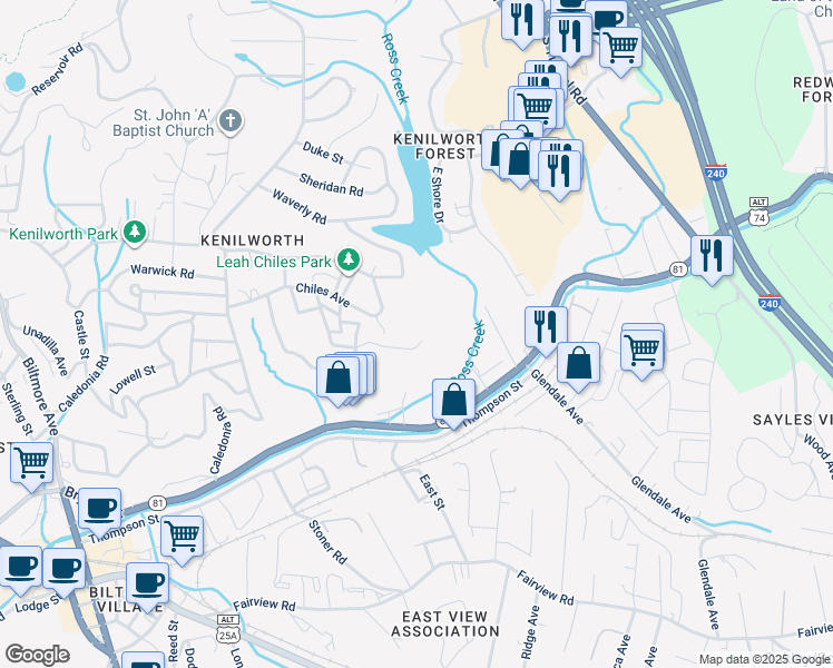 map of restaurants, bars, coffee shops, grocery stores, and more near 48 Westchester Drive in Asheville