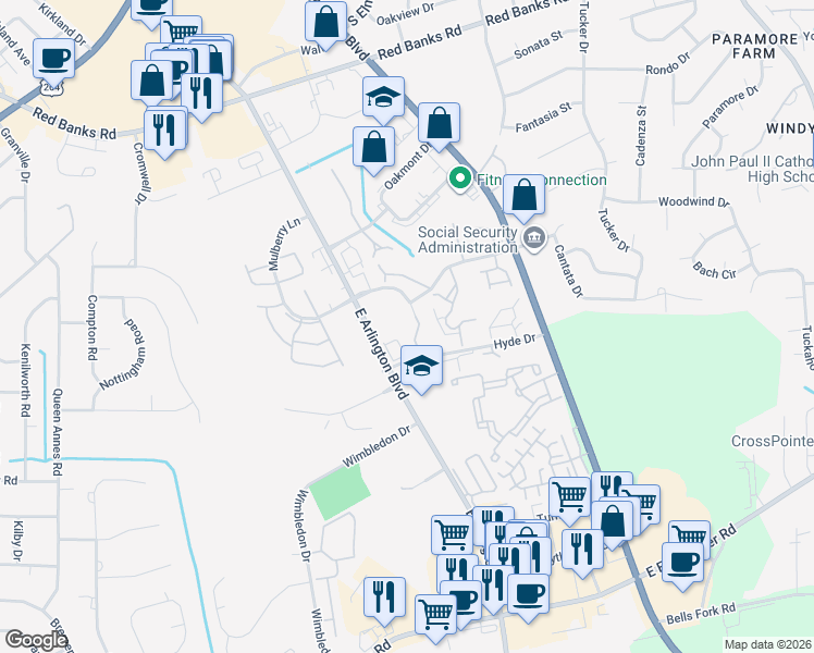 map of restaurants, bars, coffee shops, grocery stores, and more near 108 Breezewood Drive in Greenville