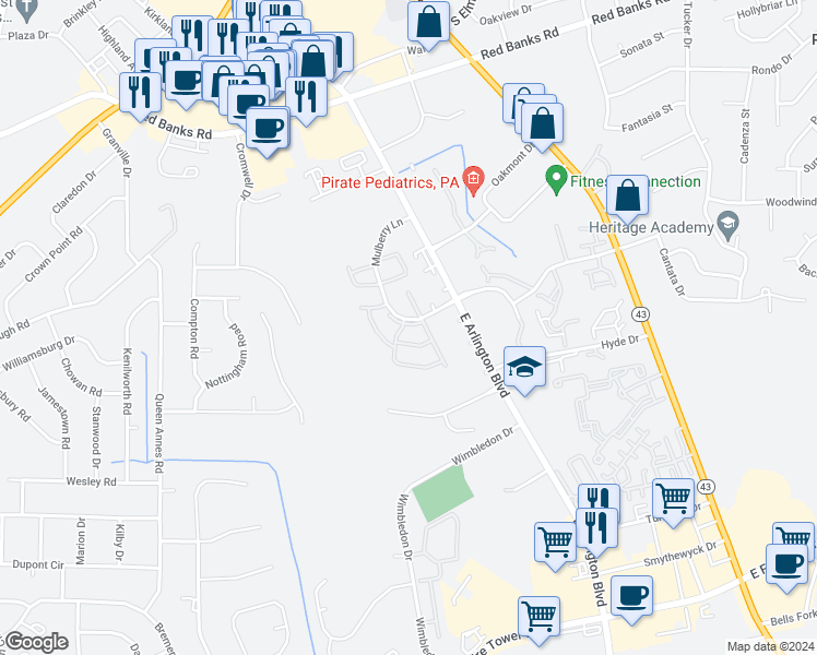 map of restaurants, bars, coffee shops, grocery stores, and more near 2904 Mulberry Lane in Greenville