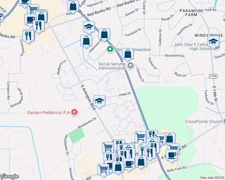 map of restaurants, bars, coffee shops, grocery stores, and more near 111 Breezewood Drive in Greenville