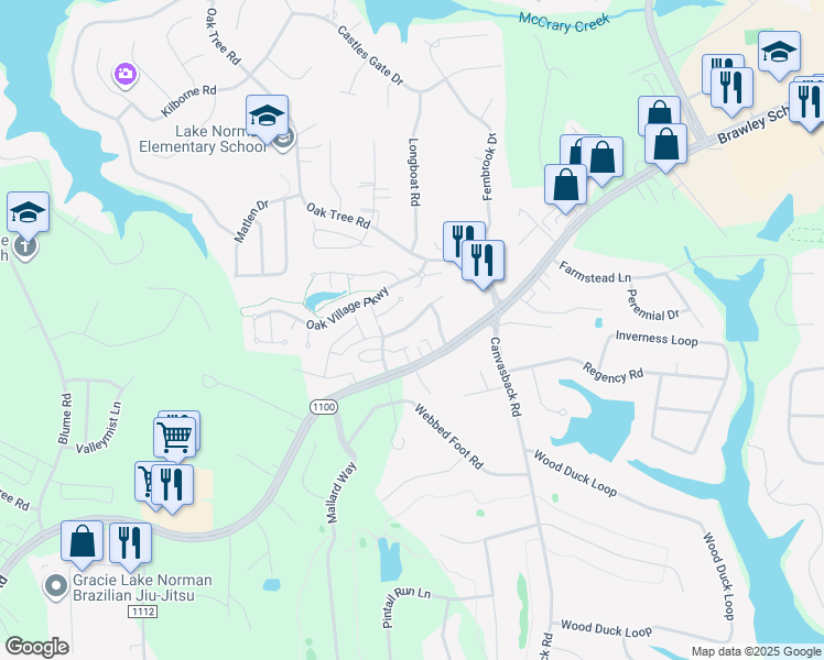 map of restaurants, bars, coffee shops, grocery stores, and more near 140 Springwood Lane in Mooresville