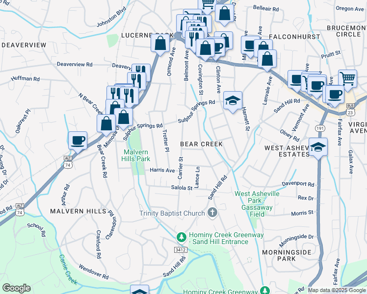 map of restaurants, bars, coffee shops, grocery stores, and more near 53 Carrier Street in Asheville