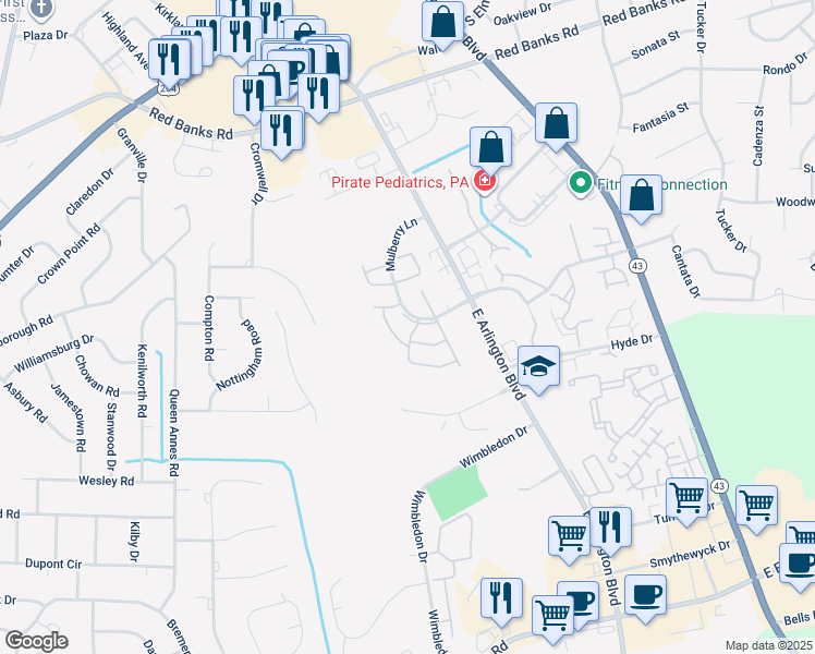 map of restaurants, bars, coffee shops, grocery stores, and more near 2902 Mulberry Lane in Greenville