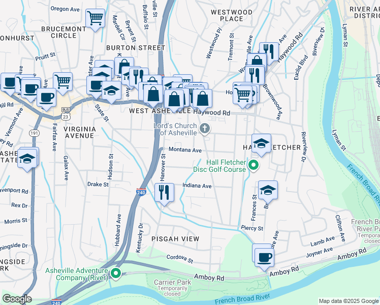 map of restaurants, bars, coffee shops, grocery stores, and more near 71 Montana Avenue in Asheville