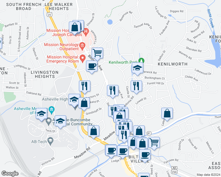 map of restaurants, bars, coffee shops, grocery stores, and more near 19 Unadilla Avenue in Asheville