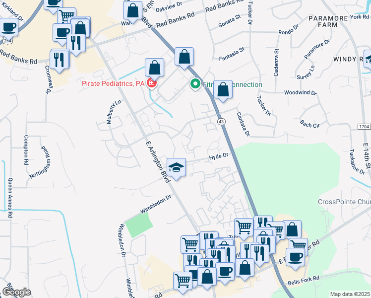 map of restaurants, bars, coffee shops, grocery stores, and more near 114 Breezewood Drive in Greenville