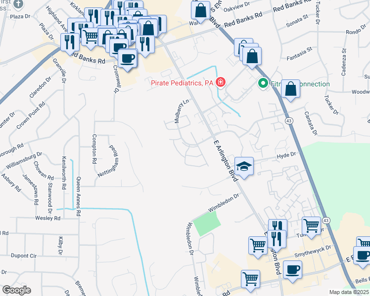 map of restaurants, bars, coffee shops, grocery stores, and more near 3001 Mulberry Lane in Greenville