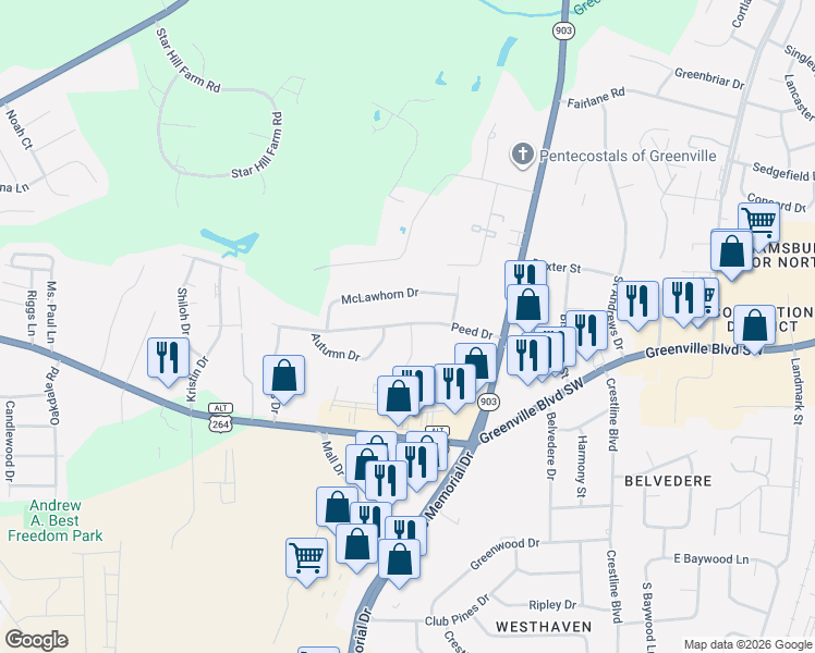 map of restaurants, bars, coffee shops, grocery stores, and more near 814 Peed Drive in Greenville