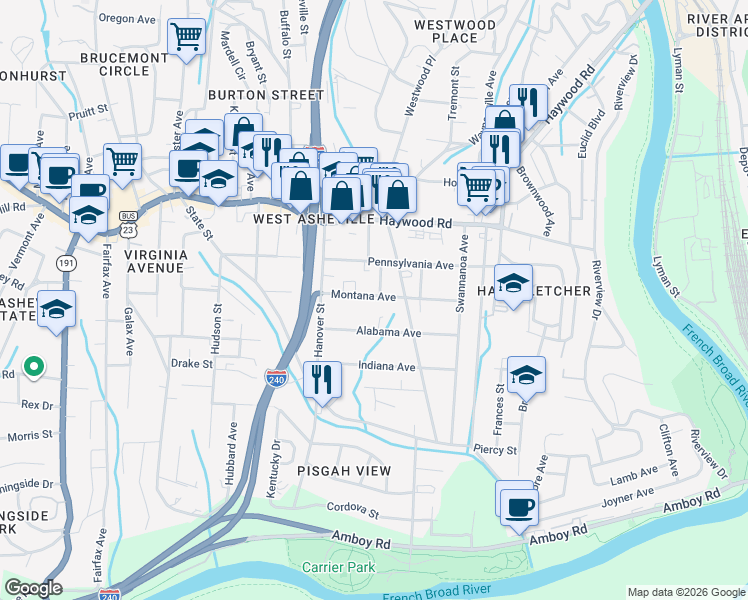 map of restaurants, bars, coffee shops, grocery stores, and more near 71 Montana Avenue in Asheville