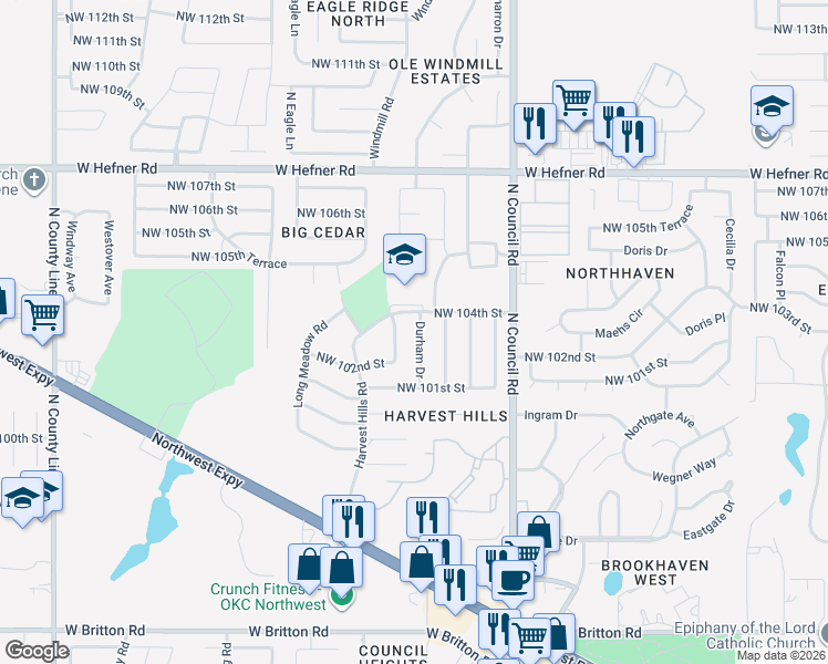 map of restaurants, bars, coffee shops, grocery stores, and more near 10408 Ryecroft Road in Oklahoma City