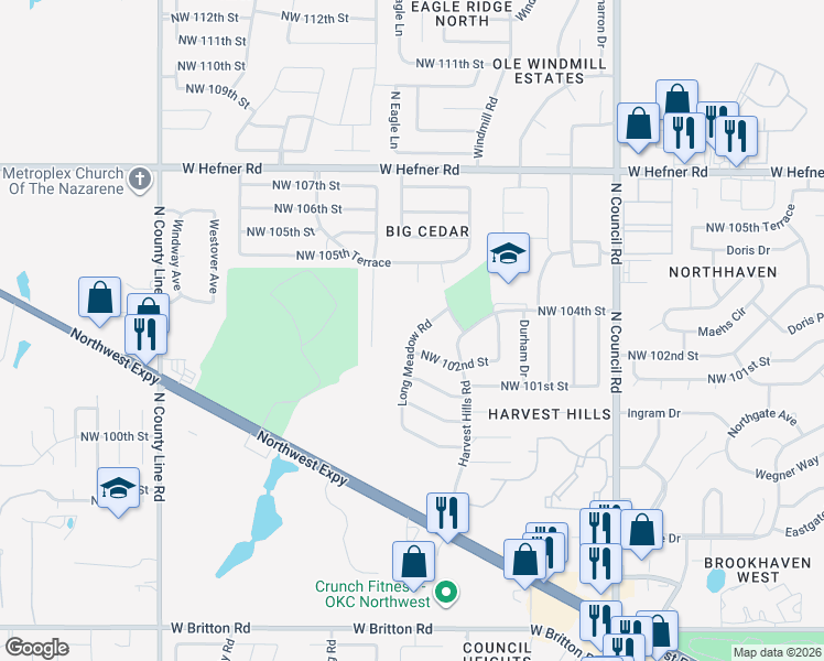 map of restaurants, bars, coffee shops, grocery stores, and more near 10409 Long Meadow Road in Oklahoma City