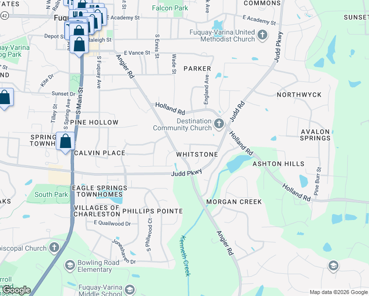 map of restaurants, bars, coffee shops, grocery stores, and more near 505 Quest Ridge Drive in Fuquay-Varina