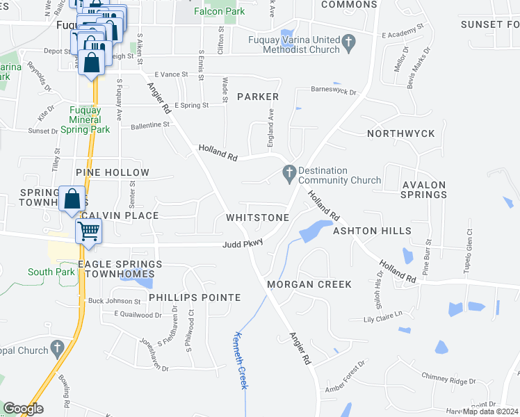 map of restaurants, bars, coffee shops, grocery stores, and more near 604 Quest Ridge Drive in Fuquay Varina