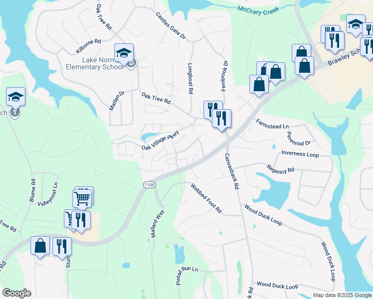 map of restaurants, bars, coffee shops, grocery stores, and more near 150 Springwood Lane in Mooresville