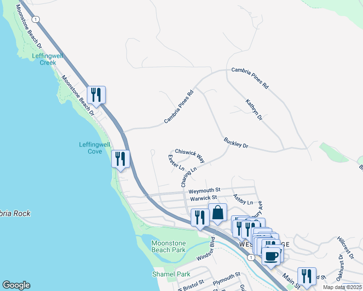 map of restaurants, bars, coffee shops, grocery stores, and more near 455 Chiswick Way in Cambria