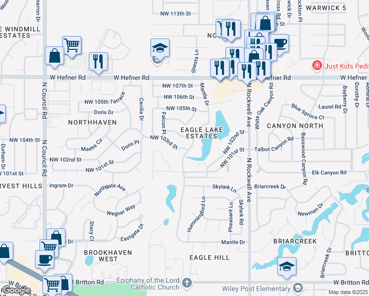 map of restaurants, bars, coffee shops, grocery stores, and more near 7405 Northwest 103rd Street in Oklahoma City