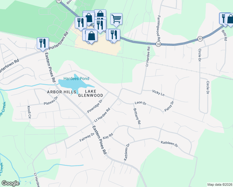 map of restaurants, bars, coffee shops, grocery stores, and more near 1510 Lt Hardee Road in Greenville
