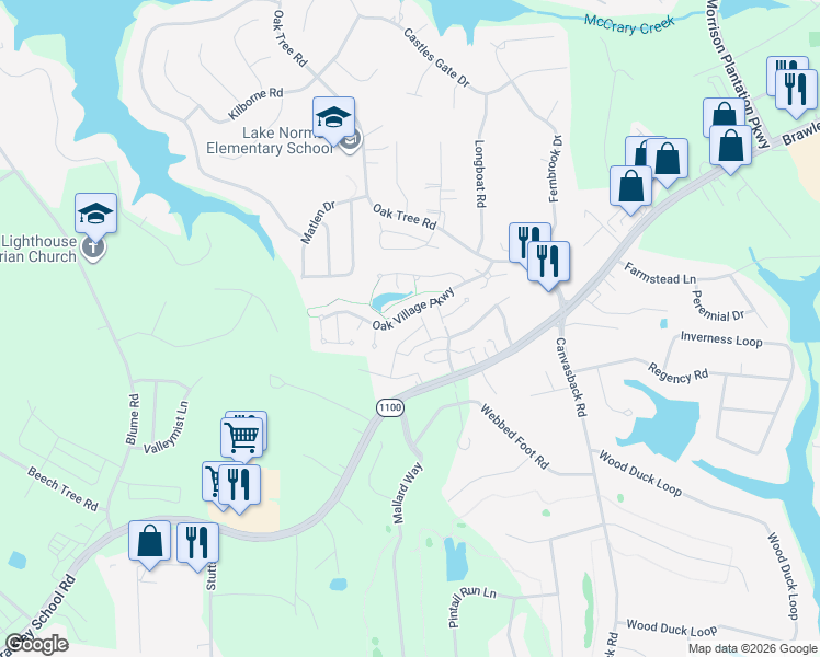 map of restaurants, bars, coffee shops, grocery stores, and more near 177 Oak Village Parkway in Mooresville