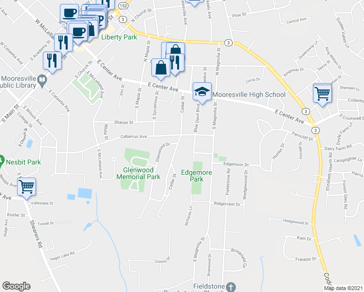 map of restaurants, bars, coffee shops, grocery stores, and more near 220 Cedar Street in Mooresville