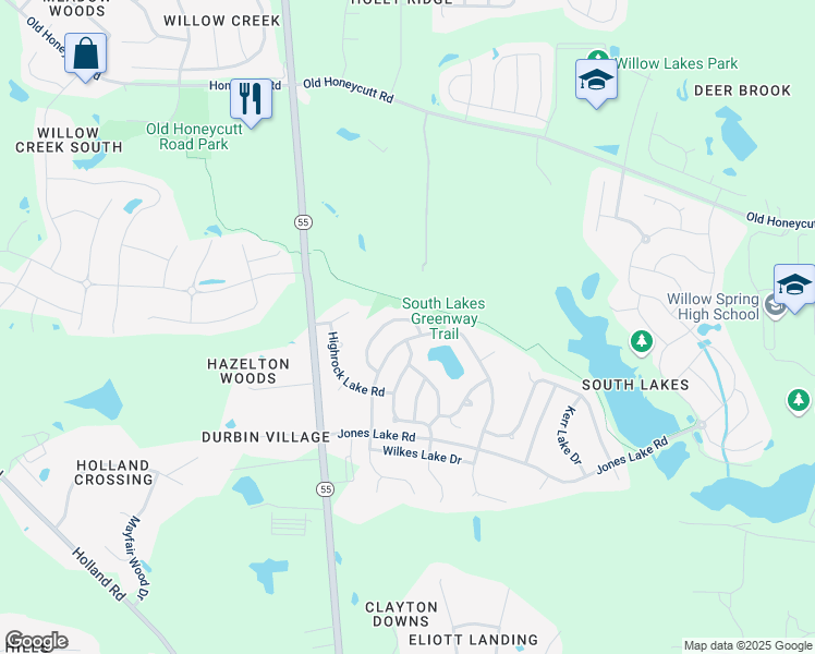 map of restaurants, bars, coffee shops, grocery stores, and more near 521 Lake Gaston Drive in Fuquay-Varina
