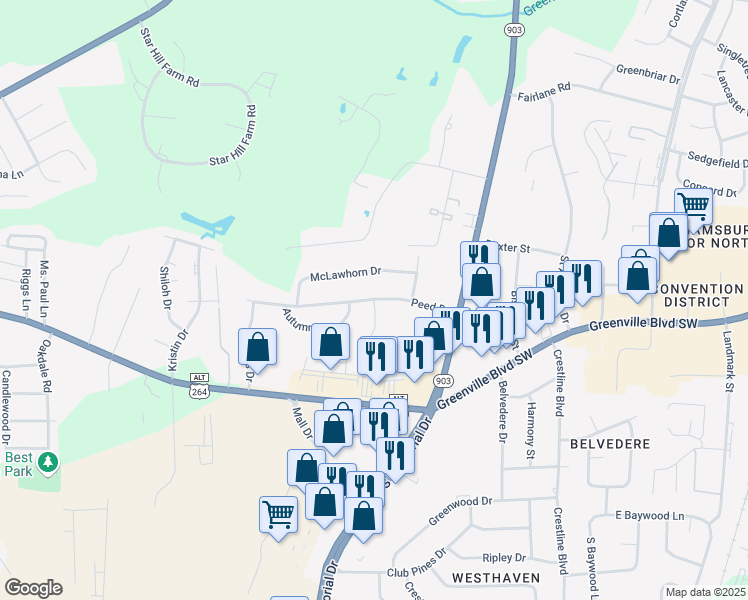 map of restaurants, bars, coffee shops, grocery stores, and more near 3200 Summer Place in Greenville