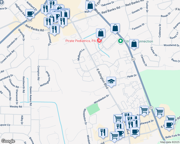 map of restaurants, bars, coffee shops, grocery stores, and more near 3000 Mulberry Lane in Greenville