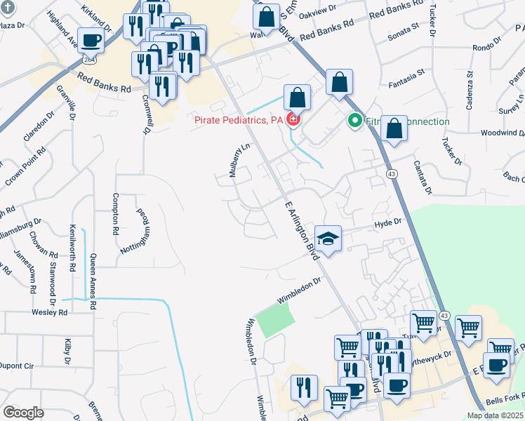 map of restaurants, bars, coffee shops, grocery stores, and more near 3008 Mulberry Lane in Greenville