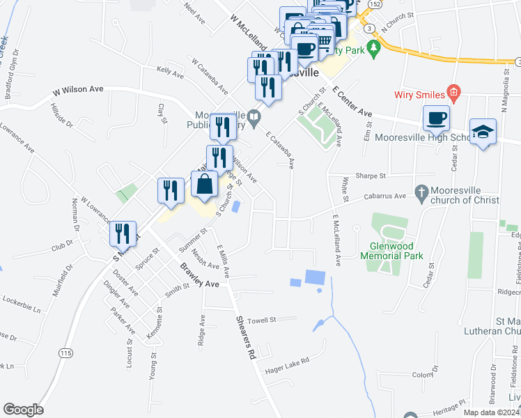 map of restaurants, bars, coffee shops, grocery stores, and more near 419 Harris Avenue in Mooresville