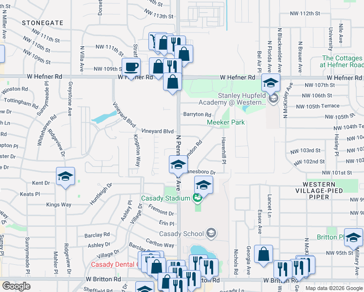 map of restaurants, bars, coffee shops, grocery stores, and more near 10307 North Pennsylvania Avenue in The Village