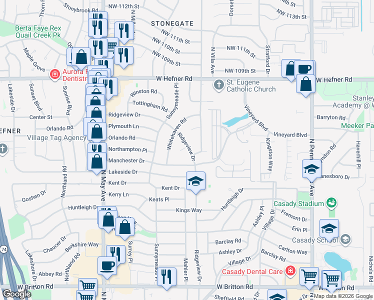 map of restaurants, bars, coffee shops, grocery stores, and more near 10415 Ridgeview Drive in The Village