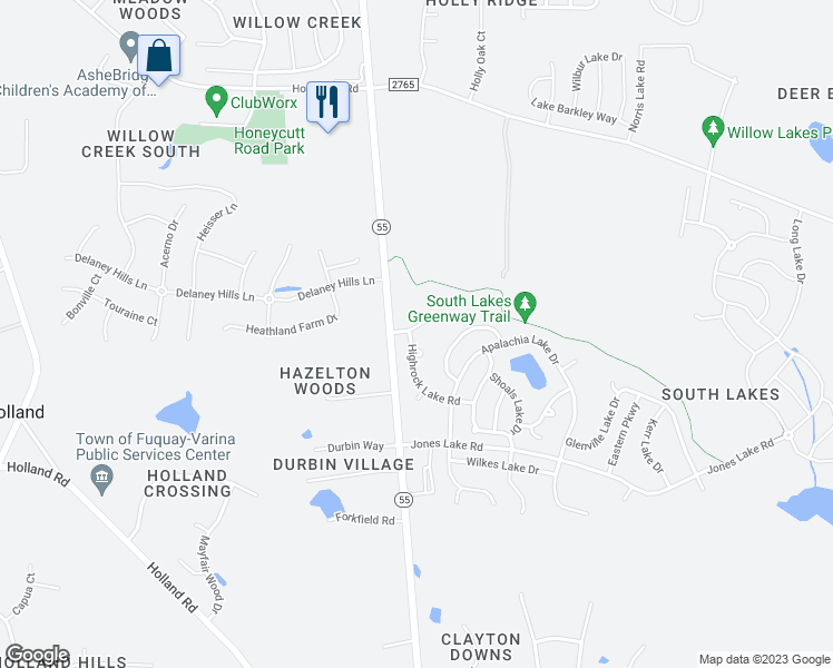 map of restaurants, bars, coffee shops, grocery stores, and more near 2700 Blueridge Lake Drive in Fuquay Varina